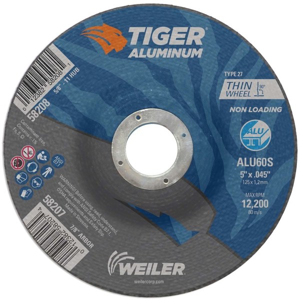 Weiler 5" x .045" TIGER ALUMINUM Type 27 Cutting Wheel ALU60S 7/8 A.H. 58207